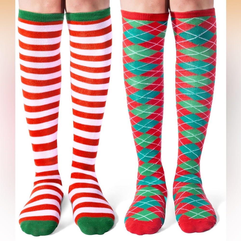 4 pair LOT •GIGGLING Getup• Holiday/Christmas Knee-High Socks >> 2 boxes of 2
